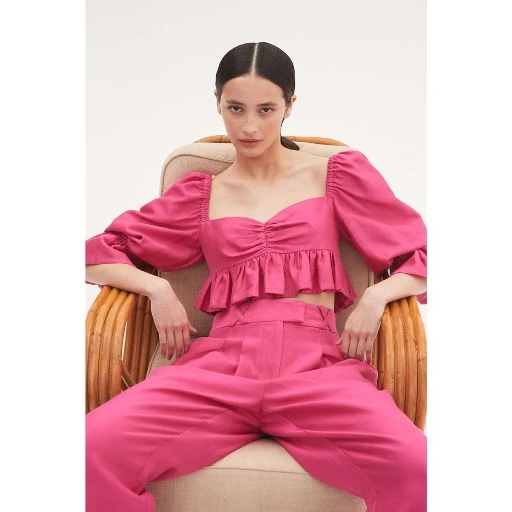 ALEMAIS Blaire Ruffle Blouson Crop Top Pink Puff Silk Cotton Size 4 NWOT